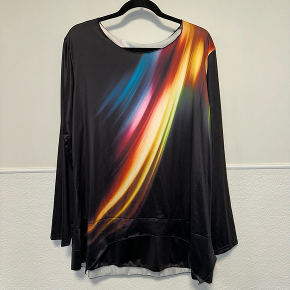 Unbranded Tops - Women's Long Sleeve Top 3XL Black Multi-color Rainbow Vibrant Asymmetrical